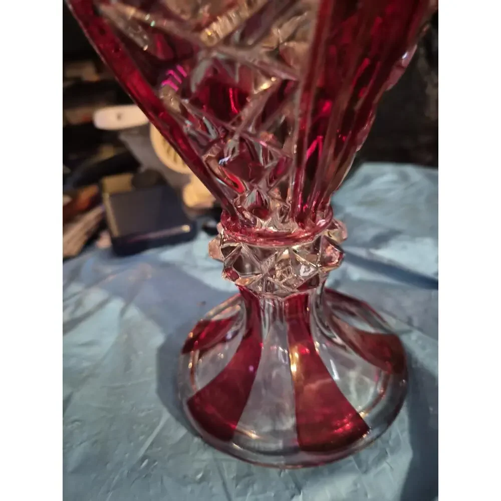 Vintage Indiana Glass Vase In The Diamond Point pattern With A Ruby Red...